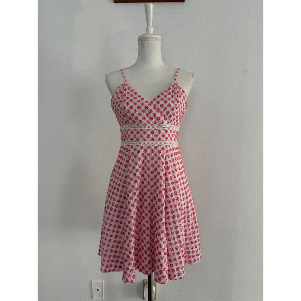 Trixxi Pink White Floral Babydoll Dress Embroidered Lace Trim Fit Flare Sundress